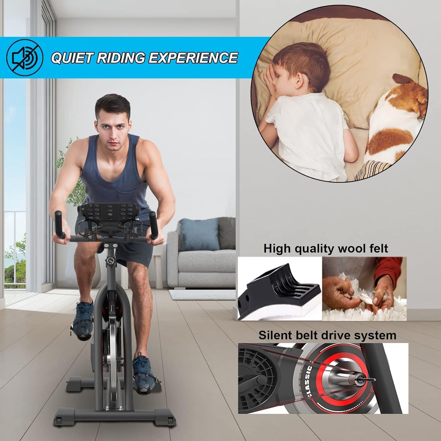GoFlyShine exercise bike steel frame and belt drive detail
